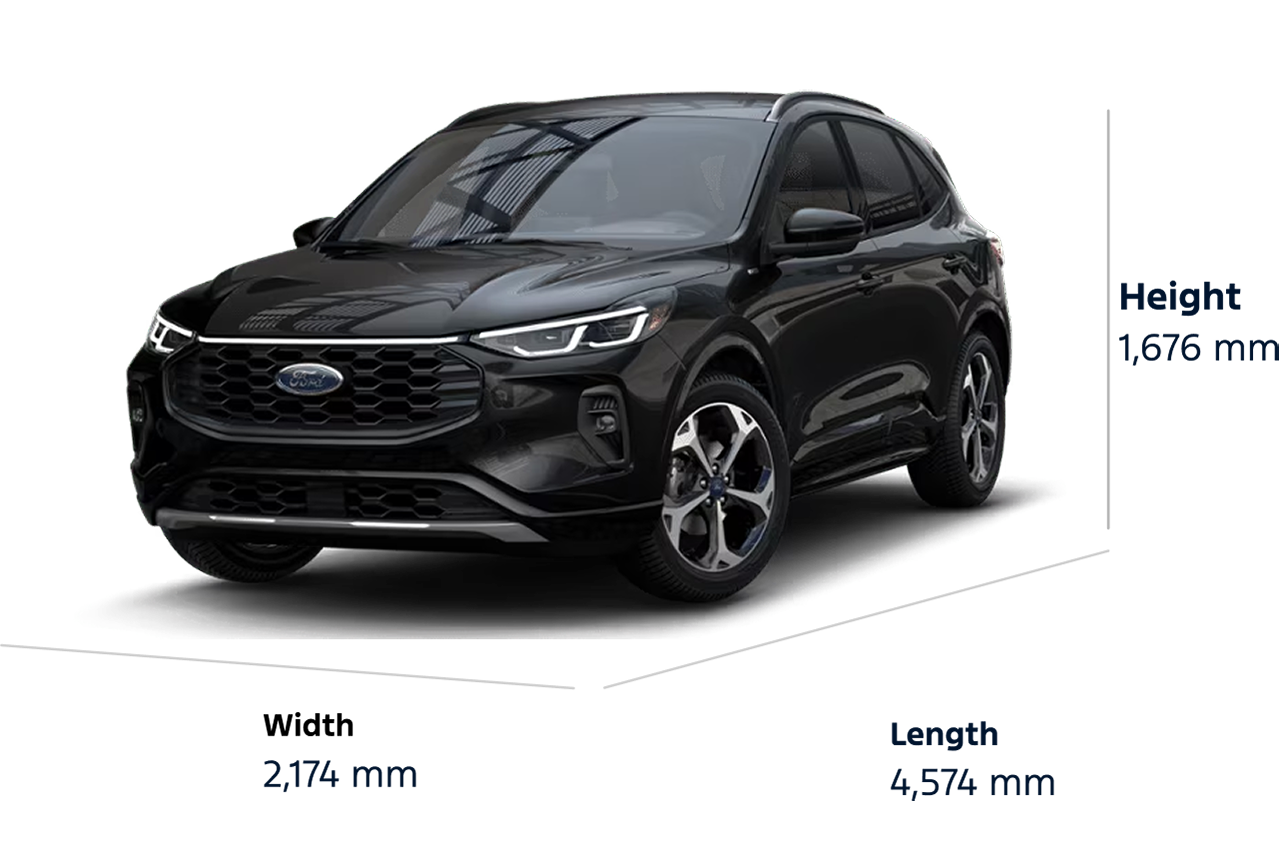 2025 Ford Escape® ST-Line Elite model dimensions, Length: 4,574 mm, Height: 1,676 mm, Width: 2,174 mm